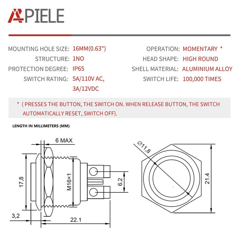APIELE 16mm Momentary Push Button Switch High Round Cap Waterproof Aluminum Shell High Flush Screw Terminals 250V AC 5A 12V 36V DC 2A 1NO SPST (Red) - Image 2